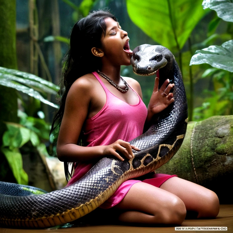 Topless Top quality, masterpiece, super high resolution, real photo, raw photo, cute, beautiful young indian teen girl, happy expression, joy, glossy skin, dramatic lighting, full body, full body wet, dirty pink tank top, sheer with thin fabric, pink shirt dirty with mud, beautiful breasts, beautiful ass, butt sticking out, creepy, in the dark jungle, waterside, black large titanboa , slim, long limbs, slimy, slim Sleeping on large titanboa a large giant black titanboa wrapped around her neck, a large titanboa wrapped around her body, a titanboa’s head from between her crotches, a titanboa and a titan’s intertwining their tongues and kissing, a girl hugging giant titanbo a girl and a large titanboa staring at each other Many large anacondas horny aroused tentacle sex large object penetration nsfw snake tongue kissing blowjob bestiality
