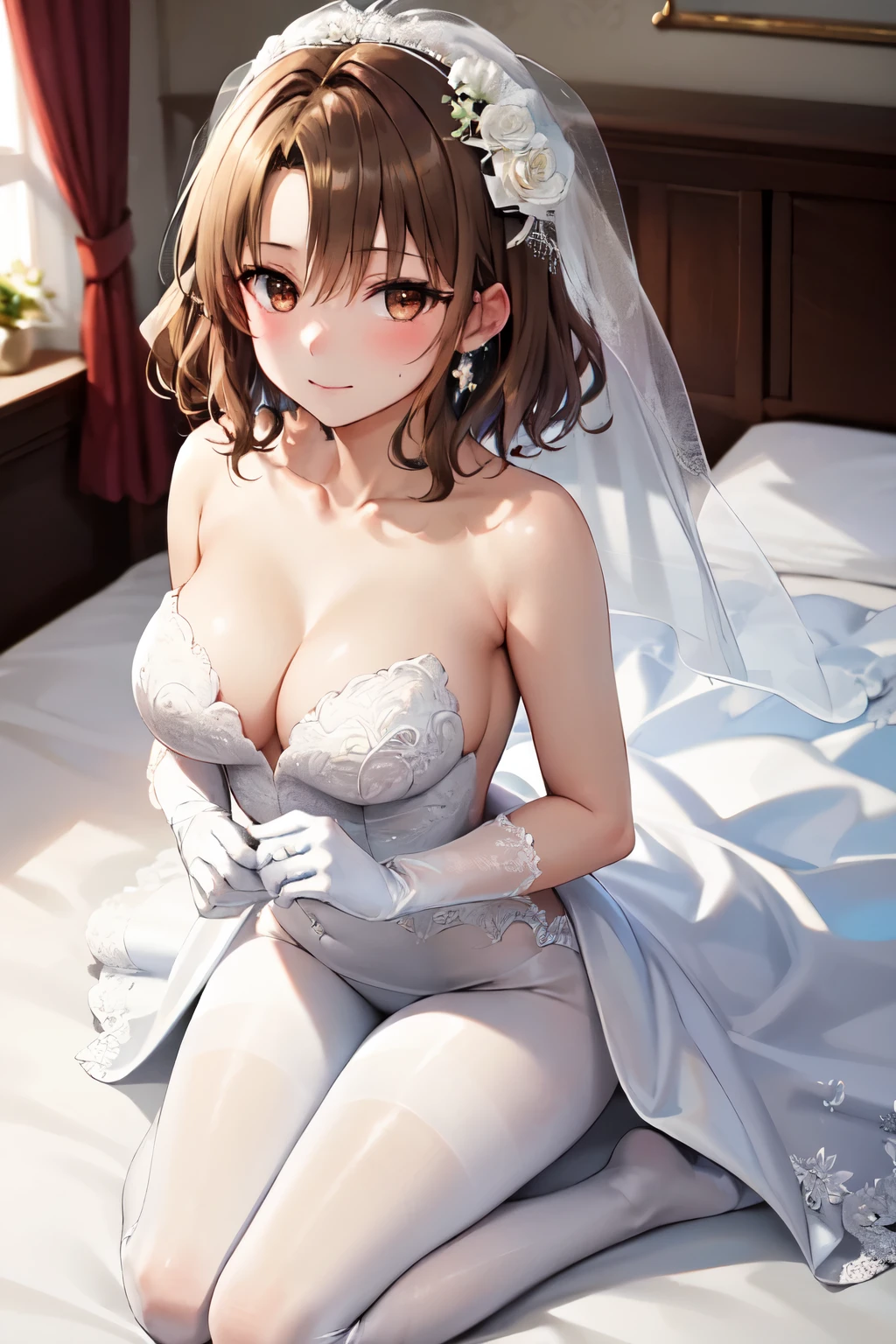 masterpiece, Highest quality, High resolution, One girl, alone, short hair, Brown Hair, Brown eyes, chest, Bedroom、Kneeling、((Wedding dress))、((White Pantyhose))、(White gloves)