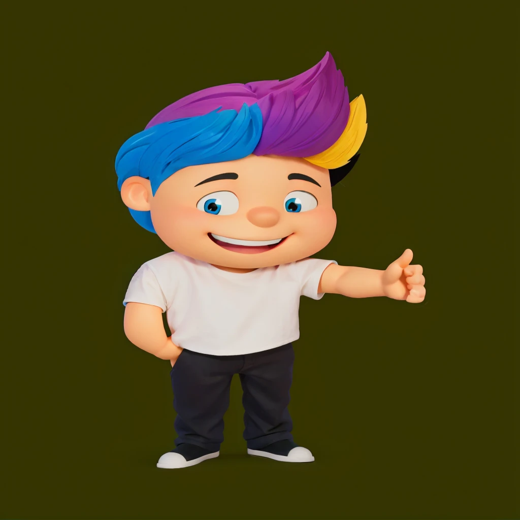 good-great,3d, high qualiy, 1,young man smiling, Big eyes, colored hair, 4 colors hair blue, Pink, yellow and black, white shirt, fully body, positive sign, hand in pocket disney pixar style