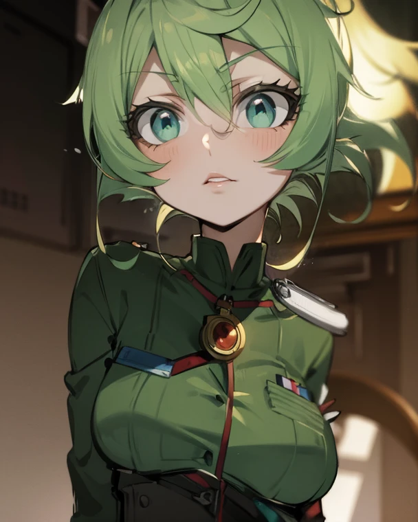 Masterpiece, best quality, college student, centered in frame, portrait, female, pale skin, stressed expression, stethoscope, busty, smoking cigarette, eye bags, nervous, peach lips, ponytail, pastel green hair, couch landscape, green eyes, paramedic uniform, green freckles, beautiful,