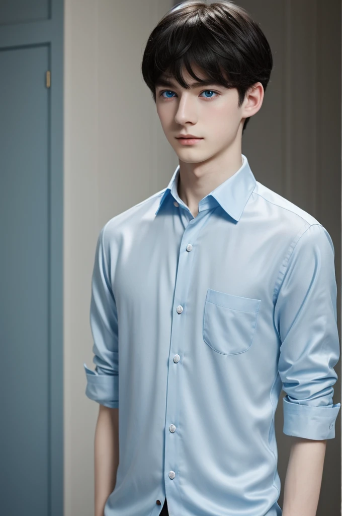 a boy of medium height, delicate and elegant, he has pale skin and beautiful eyes, one light blue and the other blue without forgetting his silky and beautiful black hair
