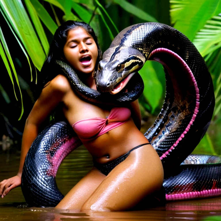 Topless Top quality, masterpiece, super high resolution, real photo, raw photo, cute, beautiful young indian girl, happy expression, joy, glossy skin, dramatic lighting, full body, full body wet, dirty pink tank top, sheer with thin fabric, pink shirt dirty with mud, beautiful breasts, beautiful ass, butt sticking out, creepy, in the dark jungle, waterside, black large titanboa , slim, long limbs, slimy, slim Sleeping on large titanboa a large giant black titanboa wrapped around her neck, a large titanboa wrapped around her body, a titanboa’s head from between her crotches, a titanboa and a titan’s intertwining their tongues and kissing, a girl hugging giant titanbo a girl and a large titanboa staring at each other Many large anacondas horny aroused tentacle sex large object penetration nsfw snake tongue kissing blowjob bestiality