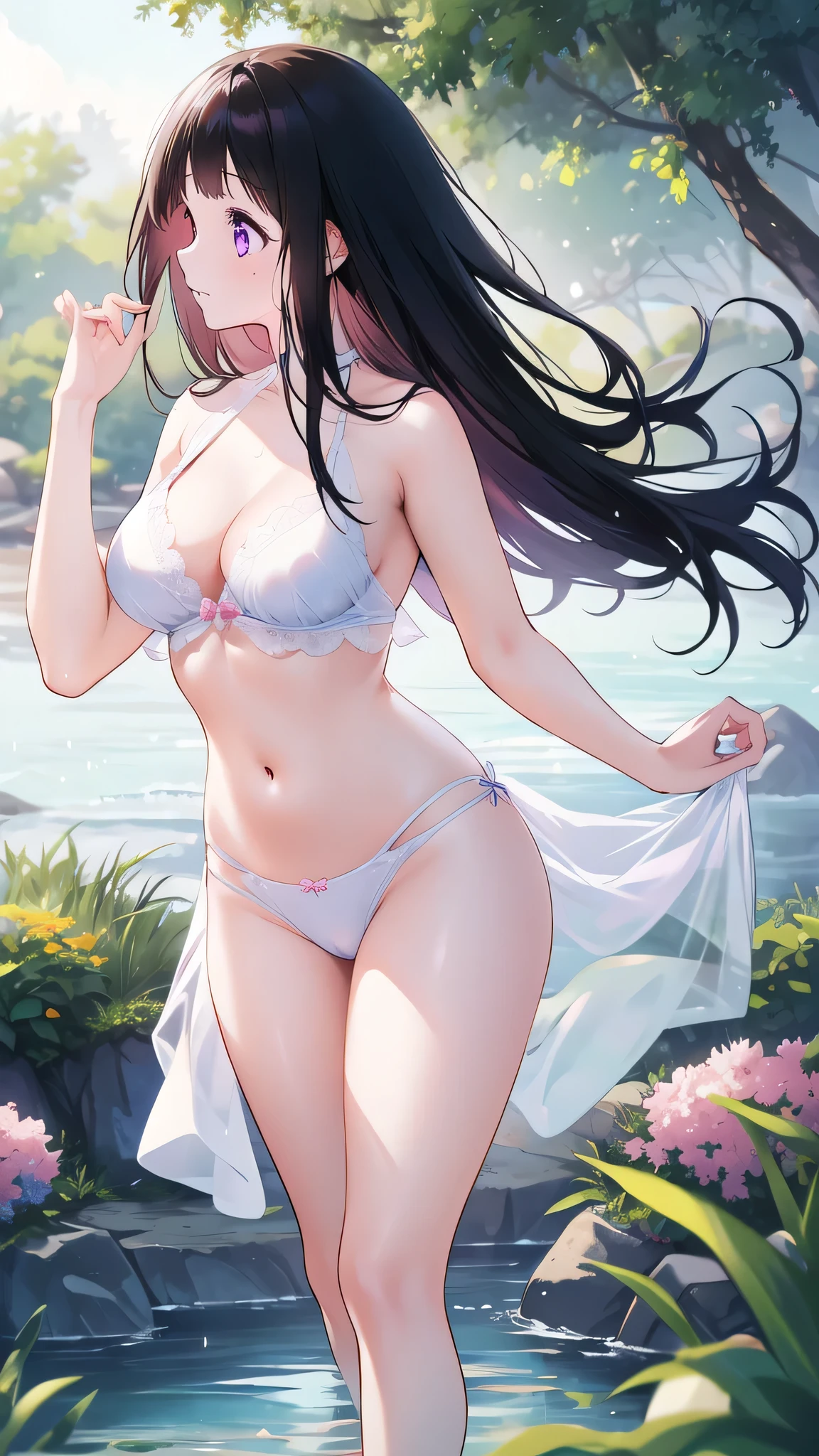 Beautiful Chitanda,There is only one beautiful girl,Purple Eyes, Black Hair, Natural straight hair, Straight bangs,Extremely refined,open your lips,Face is so red,Very white skin,Skin as delicate as porcelain,Glowing skin,big eyes,Flowing long hair,beautiful girl, Like a dream,Slim,Slim waist,soft, (sensuous), (Kawaii), Dream quality,By the River,No top,Flowers,Standing,Touch your body,Water Flow,Foam,Rub your breasts,crap,Sweaty and sweaty,Wet skin,Profile,Side breasts,Underwear Rain,(Completely naked),Gluteal groove,Completely naked back,nacked hip,Bare belly,very close,Deep V neckline,Loose neckline,Beautiful big breasts,No pants,Delicate clavicle,Delicate hands and feet,Bare neck,There are no clothes around the neck,Bare thighs,Exposing the groin,Camel toe,extremely shy,Ultra-high resolution, (masterpiece:1.2, best quality), (Delicate and beautiful eyes: 1.2), (Beautiful and delicate face)