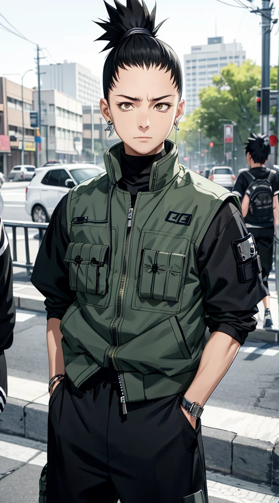 masterpiece, One boy, Great style, Urban Streetwear Outfit, Outdoor, Upper Body, Shikamaru Nara, Bright Eyes, Black Hair, Cool Boy