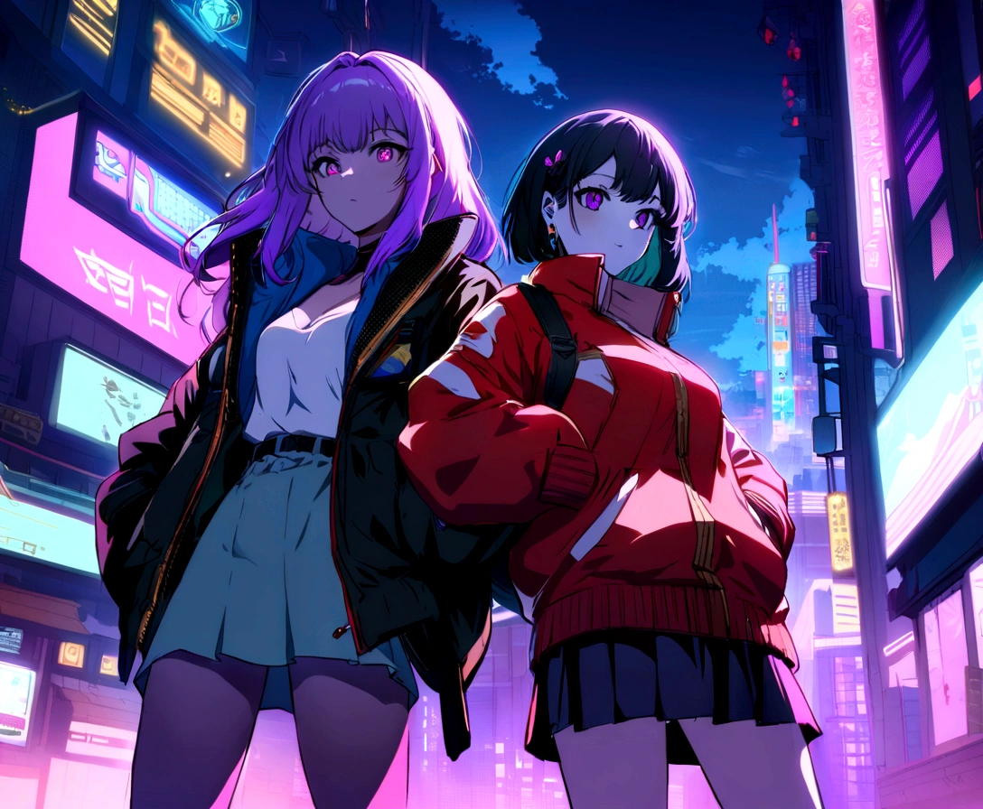 Urban portrait close up with neon sunset background, Synthwave City, Steam Pau City, Synthwave Aesthetics, Neon city background, New Tokyo Background, Background of neon metropolis, Future city background, Cyberpunk aesthetics, The background story of this city is full of cyberpunk style, Purple Cyberpunk City, Cyberpunk city background, Cyberpunk aesthetics, Cyberpunk atmosphere, Cyberpunk cityscape,anime cloud, Anime Background, Anime sky, in the Makoto Shinkai's style, Beautiful floating clouds. and soul, Makoto Shinkai's style, Shen Haicheng!, Beautiful anime scenery, Based on Xin Haicheng, Anime Landscape Wallpaper, Shen Haicheng!!, Shinkai Makoto's Artistic Style,Japanese Girls,Pale skin,Beautiful face(Purple Hair)Red Jacket,tokyo night, Cyberpunk style,Japanese Streetwear,tokyo fashion,Cyberpunk 2 0 7 7 jacket,full length,charming pose,Bottom View
