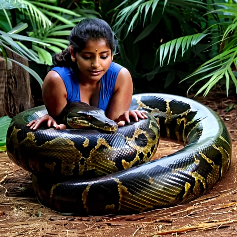 Happy Horny, aroused 1girl), beautiful kneeling indian young girl with giant colossal black anaconda squeezing her hard, wrapped in thick spiraling coils, constricted, struggle, gasping for air, snake attack, snake peril, moonless night, dim light