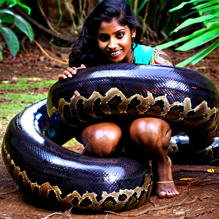 Happy Horny, aroused 1girl), beautiful kneeling indian young teen girl with giant colossal black anaconda squeezing her hard, wrapped in thick spiraling coils, constricted, struggle, gasping for air, snake attack, snake peril, moonless night, dim light