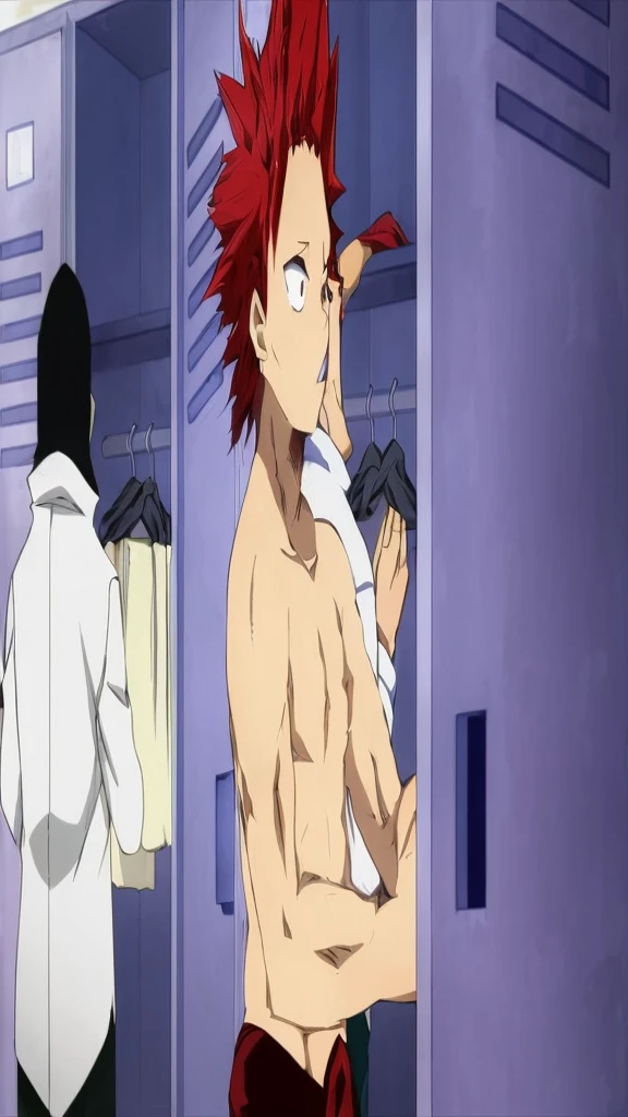 ((1boy)), young boy, (nice hands, perfect hands), (male focus), (perfect ???????), ((kirishima eijirou)), bare chest, sparkling eyes, abs and pectoral muscles, (ready to attack a villain, looking at viewer), (ruined burning city in the background)