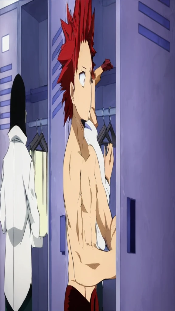 ((1boy)), young boy, (nice hands, perfect hands), (male focus), (perfect anatomy), ((kirishima eijirou)), bare chest, sparkling eyes, abs and pectoral muscles, (ready to attack a villain, looking at viewer), (ruined burning city in the background)