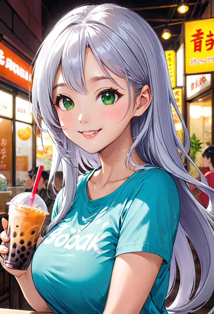 Pretty asian woman, bright silver hair, long hair, green eyes,  tshirt, perfect face, busty, drinking boba tea, anime style, smiling