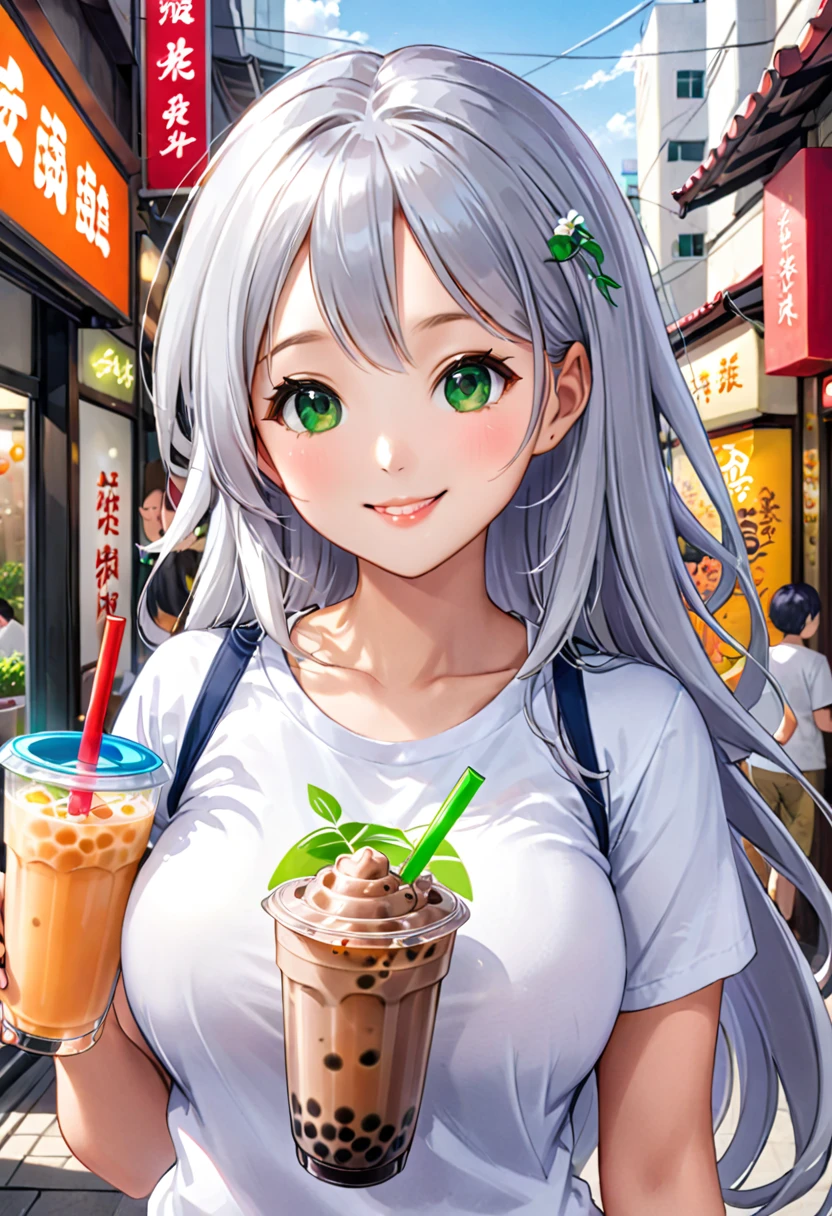 Pretty asian woman, bright silver hair, long hair, green eyes,  tshirt, perfect face, busty, drinking boba tea, anime style, smiling