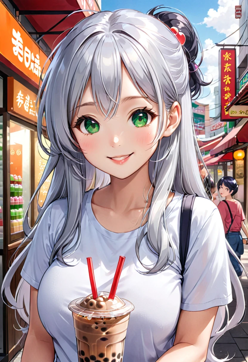Pretty asian woman, bright silver hair, long hair, green eyes,  tshirt, perfect face, busty, drinking boba tea, anime style, smiling