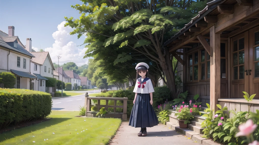 (masterpiece),  town,  blue sky,  One Girl,  smile,  alone,  Sailor suit、Long skirt,  Overgrown,  petal,  plant、Skirt lining、Translucent slip、Nostalgic