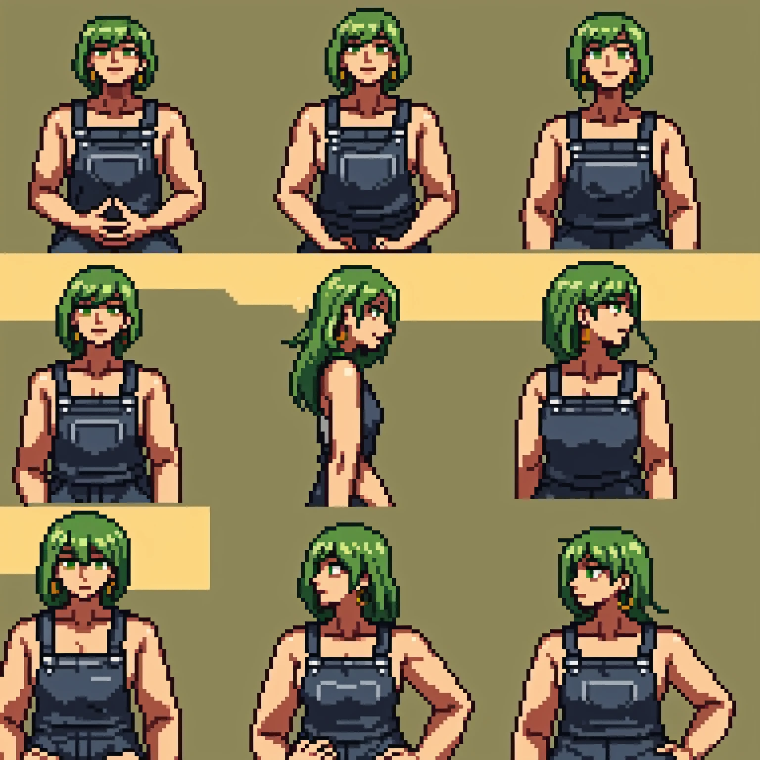 masterpiece, best quality,1girl, ((young girl)), ((large round magical green eyes)), shiny skin, (thin waist), (long curlly green hair), ((curvy)), ((wide hips)), ((hoop earrings)), ((small size)) , ((( yellow overalls))), hot, soft natural lighting, reflections, bright illuminations, deep dark black skin, ((yellow outfit))
