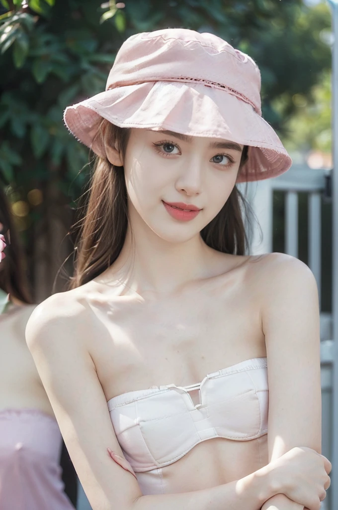 (Extremely meticulous CG),(((8k))),wallpaper,((Extremely refined and beautiful)),(((Masterpiece))),(((best qualtiy))),(((Ultra High Resolution))),realistic shaded,(Smooth and flawless fair skin:1.5),(Extremely exquisite facial details:1.2),(ultra-detailed:1.5),((a beautiful girl,solo)),(Pink Hat:1.5),(shoulder length straight hair:1.3),(small head:1.2),(slender face:1.2),(Exquisite makeup:1.3),(happy:1.2),(laughing:1.2),(perfect body:1.2),(strapless white bra:1.5),(small breasts:1.3),(flat chest:1.2),((slim,thin)),(from front:1.3),(standing:1.3),(at the schoolgate:1.5),(urban landscape:1.3),(outdoor:1.3),(summer:1.3),(day scene:1.3),(afternoon sunshine:1.3),(close-up of face:1.3),(surrounded by crowded crowds:1.5)