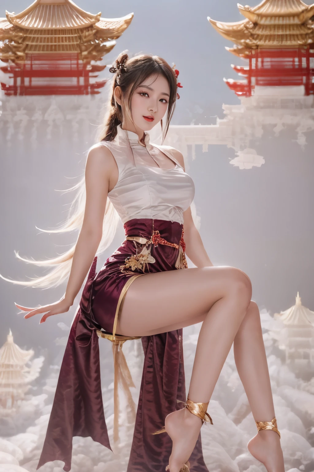 1 Girl,，pagoda，cloud，wet，MILF，Mature，plum bossom，Big breasts and thin waist，Long Law， solo，Open your legs，（Beautiful and detailed description of the eyes），（Extremely detailed，masterpiece，）Facing the camera，high resolution，Extremely detailed），Smiling，Exposing breasts，Exposed genitals， Convex，Legs open，性感Convex显，Camel toe，complexion，Desire Dissatisfaction，front，Correct anatomy，Delicate face, Delicate eyes，Warm smile，thick lips，Lengthen the eyes，Charming eyes，（Beautiful and detailed description of the eyes），Snow-white skin，Mature，Red lips（Very delicate and beautiful），Extremely detailed，masterpiece，））Laugh out loud，Open your mouth，barefoot，No shoes，（（（masterpiece），（Very detailed CG unity 8千 wallpaper），Best quality，light，Detailed background，美丽Delicate eyes，smart student，black eyes，Snow-white skin，Red lips（Very delicate and beautiful），（Beautiful and detailed description of the eyes），Extremely detailed，masterpiece，））Facing the camera，high resolution，Extremely detailed）