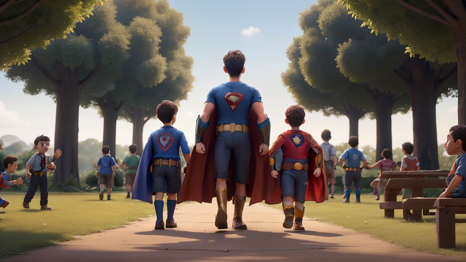 a boy wearing a superhero cape, with many children around him, in a park. cinematic scene