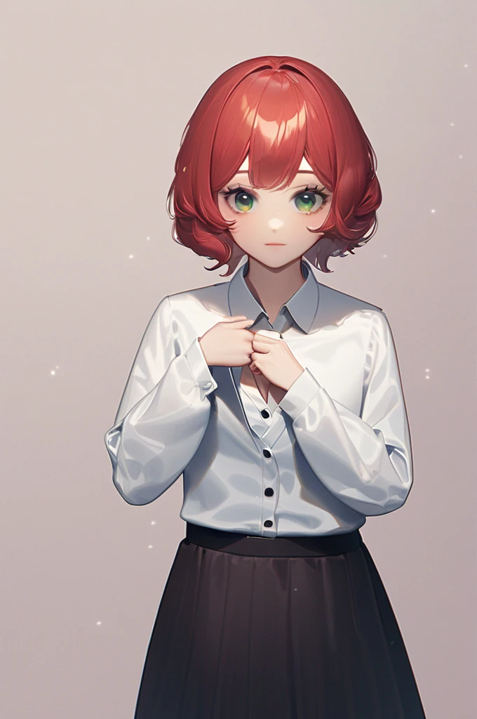 ((Лучшее качество)), ((шедевр)), (подробный), a girl with red hair, green eyes, unbuttons her shirt and shows her breasts, resolution: 1800x3000