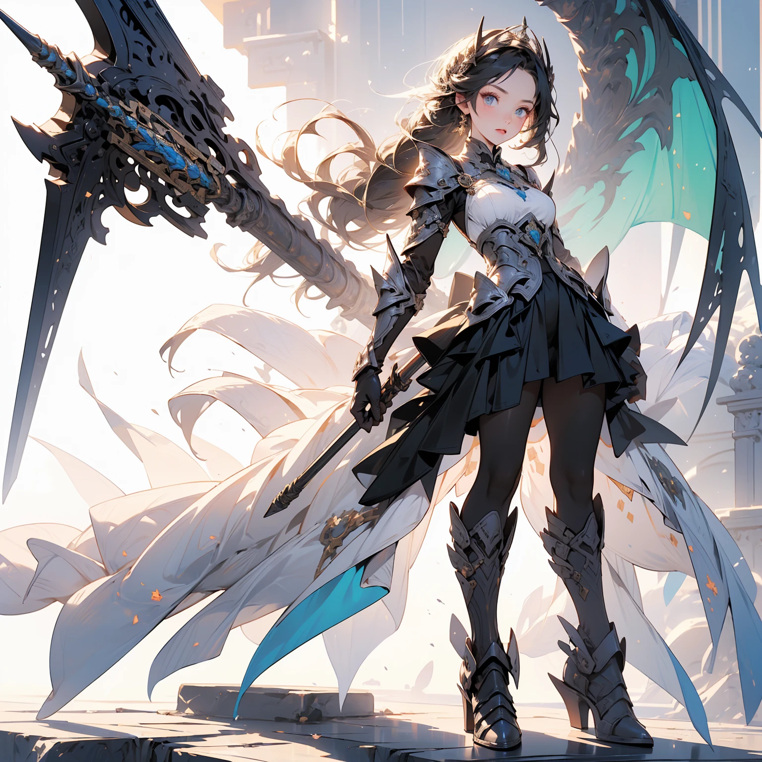 Design a layout showcase Gaming character, (1girl). Golden+Purle clothes, stylish and unique, ((showcase weapon:1.4)), magic staff, (masterpiece:1.2), (best quality), 4k, ultra-detailed, (Step by step design, layout art:1.5), (luminous lighting, atmospheric lighting), magican, ((glove full hands)), (((revealing clothes:1.3))), vambraces, armored legwear, (((full_body_shot:1.4)))
