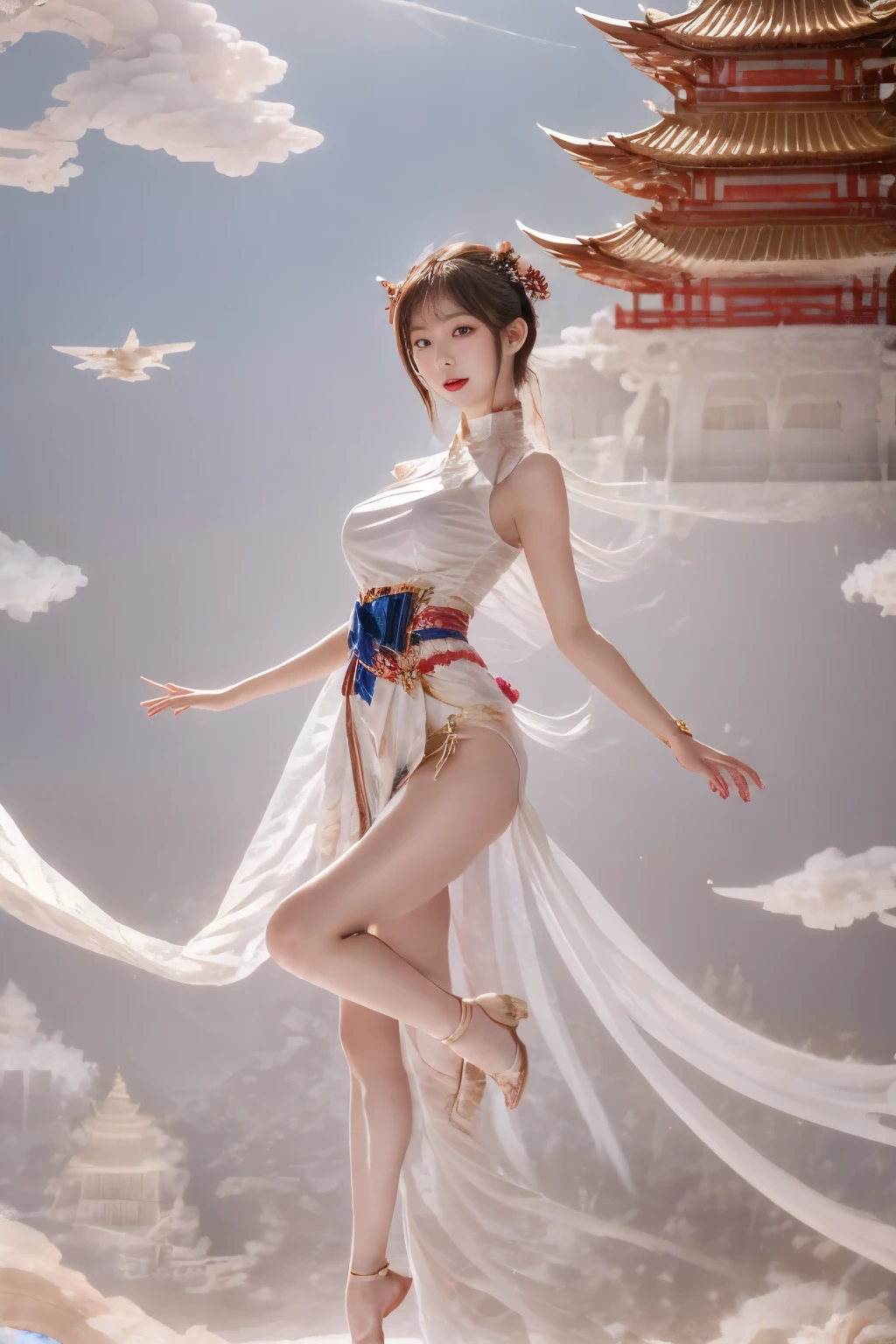 1 Girl,，pagoda，cloud，wet，MILF，Mature，plum bossom，Big breasts and thin waist，Long Law， solo，Open your legs，（Beautiful and detailed description of the eyes），（Extremely detailed，masterpiece，）Facing the camera，high resolution，Extremely detailed），Smiling，Exposing breasts，Exposed genitals， Convex，Legs open，性感Convex显，Camel toe，complexion，Desire Dissatisfaction，front，Correct anatomy，Delicate face, Delicate eyes，Warm smile，thick lips，Lengthen the eyes，Charming eyes，（Beautiful and detailed description of the eyes），Snow-white skin，Mature，Red lips（Very delicate and beautiful），Extremely detailed，masterpiece，））Laugh out loud，Open your mouth，barefoot，No shoes，（（（masterpiece），（Very detailed CG unity 8千 wallpaper），Best quality，light，Detailed background，美丽Delicate eyes，smart student，black eyes，Snow-white skin，Red lips（Very delicate and beautiful），（Beautiful and detailed description of the eyes），Extremely detailed，masterpiece，））Facing the camera，high resolution，Extremely detailed）