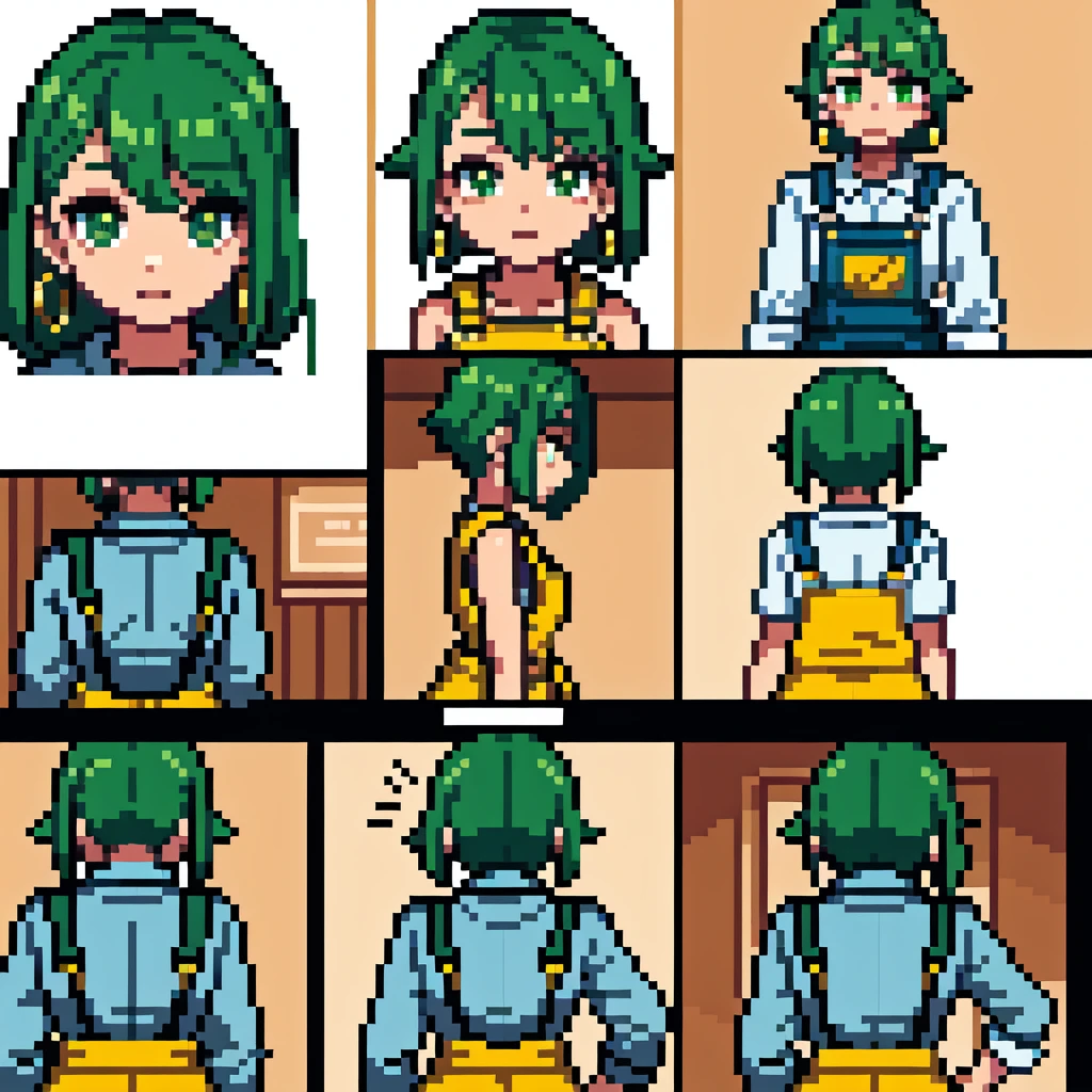 masterpiece, best quality,1girl, ((young girl)), ((large round magical green eyes)), shiny skin, (thin waist), (long curlly green hair), ((curvy)), ((wide hips)), ((hoop earrings)), ((small size)) , ((( yellow overalls))), hot, soft natural lighting, reflections, bright illuminations, deep dark black skin, ((yellow outfit))