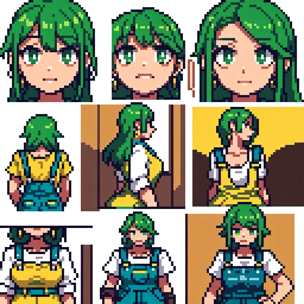 masterpiece, best quality,1girl, ((young girl)), ((large round magical green eyes)), shiny skin, (thin waist), (long curlly green hair), ((curvy)), ((wide hips)), ((hoop earrings)), ((small size)) , ((( yellow overalls))), hot, soft natural lighting, reflections, bright illuminations, deep dark black skin, ((yellow outfit))