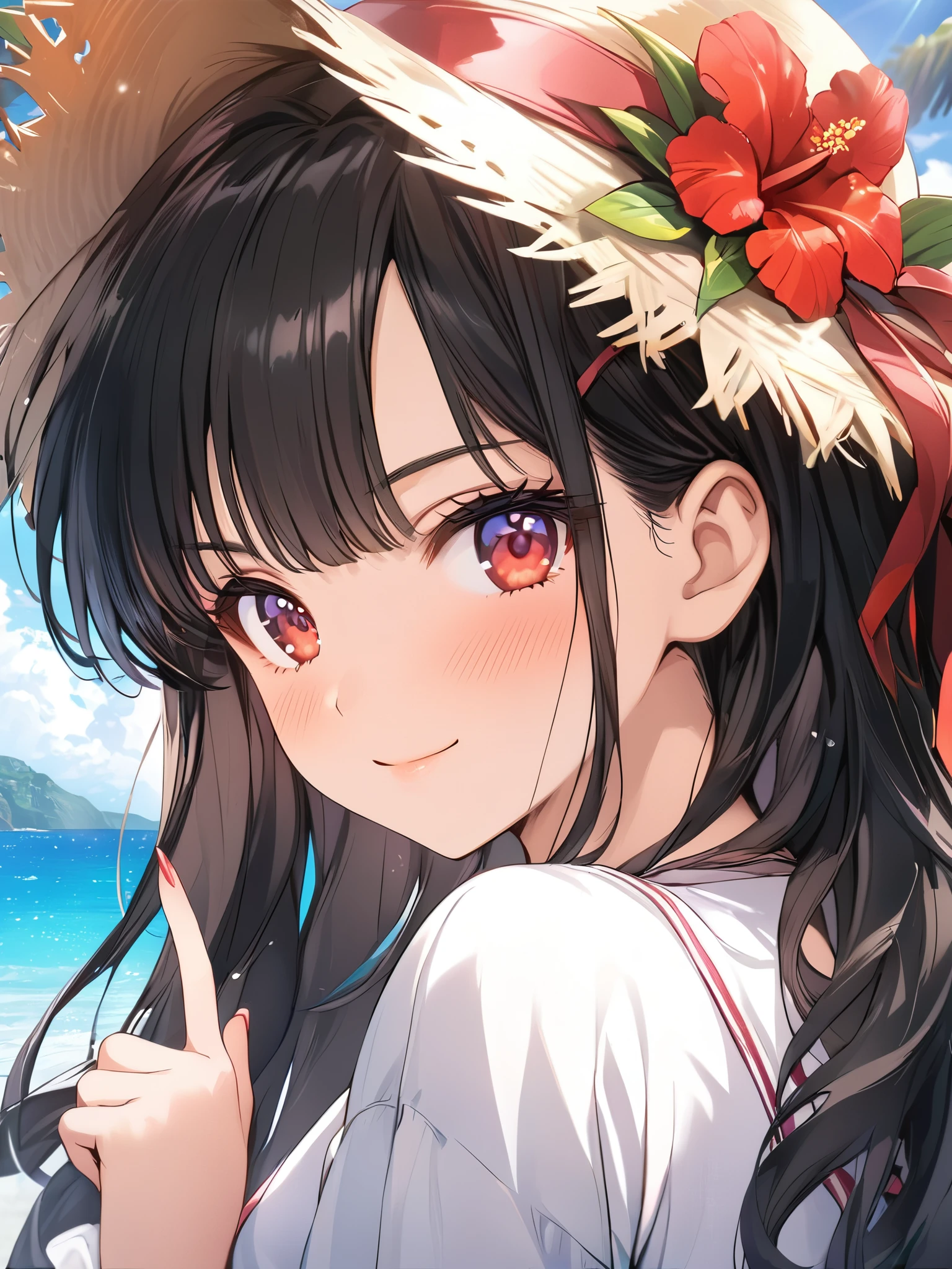 (masterpiece, best quality), very aesthetic, absurdres, extremely detailed CG unity 8k wallpaper, super fine illustration, (detailed_face:1.2), BREAK 1girl, long black hair wearing a straw hat, small breasts, (glamorous expression), red eyes, anime style 4k, beautiful anime portrait, anime moe art style, anime art wallpaper 4k, High quality anime art style, anime style portrait, be familiar with digital anime art, anime art wallpaper 8k, cute anime girl portrait, Hawaii background, blue sea, palm trees, sunlight, whole body, BREAK depth of field, perfect hands, nice fingers, 5_finger, 4_finger,1_thumb,