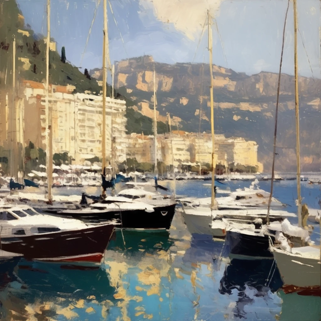 Konstantin Korovin Style - oil painting of a beautiful yacht haven in monaco. Muted colors. Artwork by Abbott Handerson Thayer.