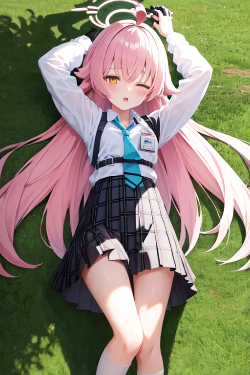 masterpiece, Highest quality, Very detailed, One Girl, Hoshino, White shirt, Pleated skirt, Embarrassing, Are standing,
Outdoor,Put your arms behind your head,blindfold