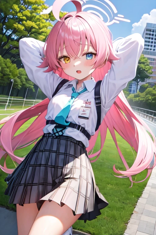 masterpiece, Highest quality, Very detailed, One Girl, Hoshino, White shirt, Pleated skirt, Embarrassing, Are standing,
 Outdoor,Put your arms behind your head,blindfold