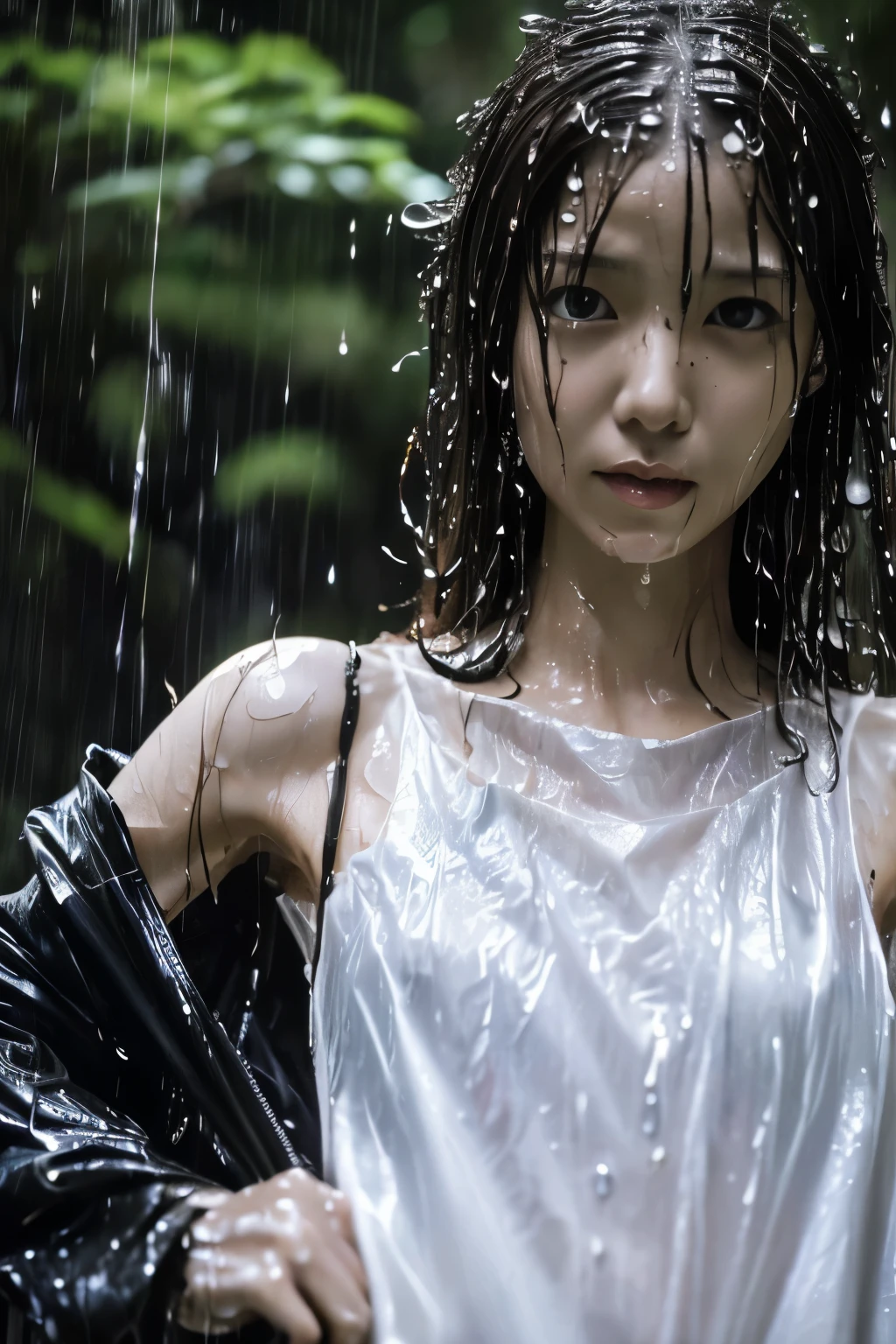 Best Image Quality, masterpiece, Ultra high resolution, (loyalty :1.4), Skinny Japanese woman, 1 girl, detailed face, detailed eyes, correct human body structure, dim, Dark, Tears, Tearsdrop, (White shirt), (wet soaked clothes sticking to the body:1.4), bare shoulders, wet hair, torrential rain, in the deep forest,