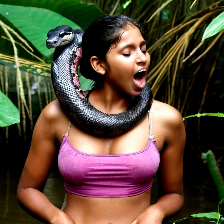  Topless Top quality, masterpiece, super high resolution, real photo, raw photo, cute, beautiful young indian teen girl, happy expression, joy, glossy skin, dramatic lighting, full body, full body wet, dirty pink tank top, sheer with thin fabric, pink shirt dirty with mud, beautiful breasts, beautiful ass, butt sticking out, creepy, in the dark jungle, waterside, black large titanboa , slim, long limbs, slimy, slim Sleeping on large titanboa a large giant black titanboa wrapped around her neck, a large titanboa wrapped around her body, a titanboa’s head from between her crotches, a titanboa  and a titan’s intertwining their tongues and kissing, a girl hugging giant titanbo a girl and a large titanboa staring at each other Many large anacondas horny aroused  tentacle sex large object penetration nsfw snake tongue kissing blowjob bestiality