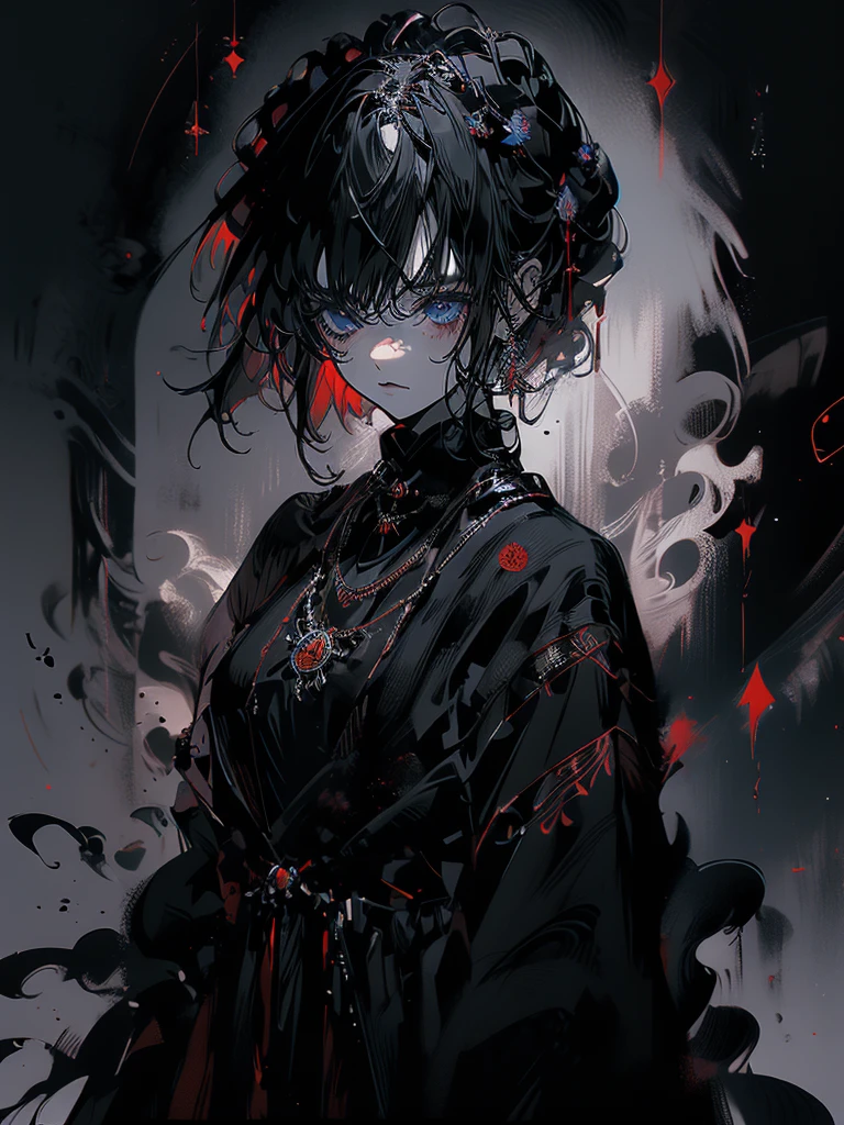 25-year-old girl、Rune background、black magician、Wearing a black robe、mesmerize、cute woman、Elegant hairstyle、indigo hair color、Slightly shorter hair、blue eyes、look at the viewer、masterpiece、Best image、