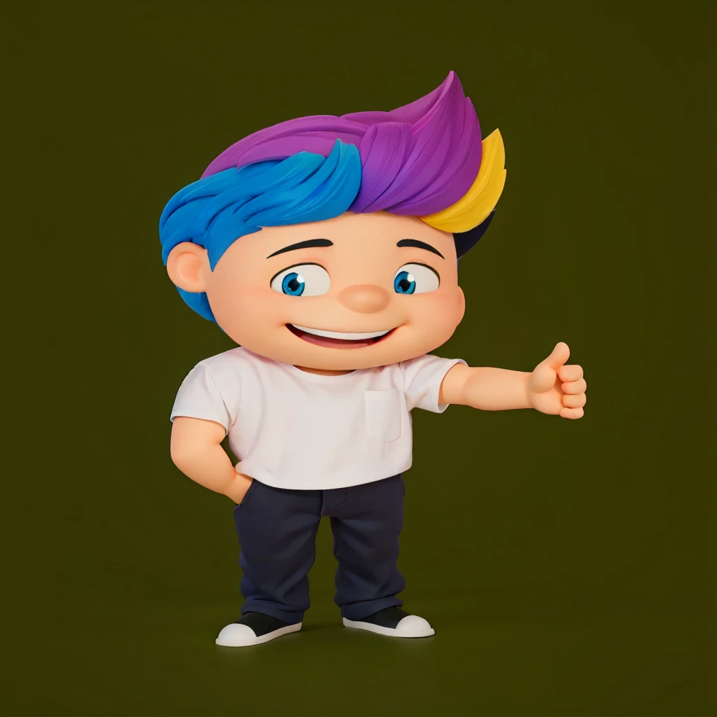 good-great,3d, high qualiy, 1,young man smiling, Big eyes, colored hair, 4 colors hair blue, Pink, yellow and black, white shirt, fully body, positive sign, hand in pocket disney pixar style