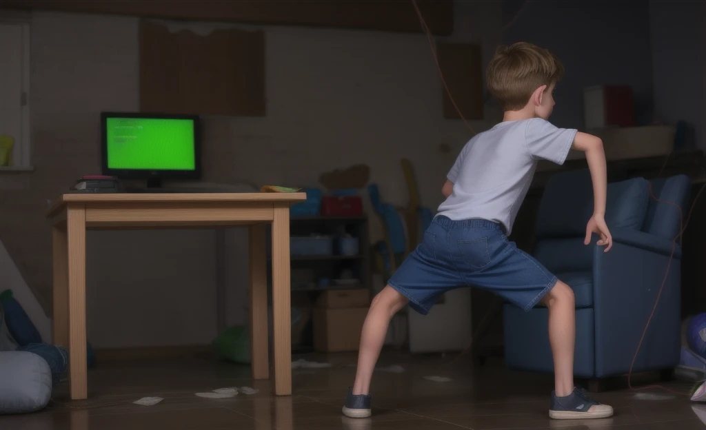 boy standing in room, cracked floor and broken floor rising