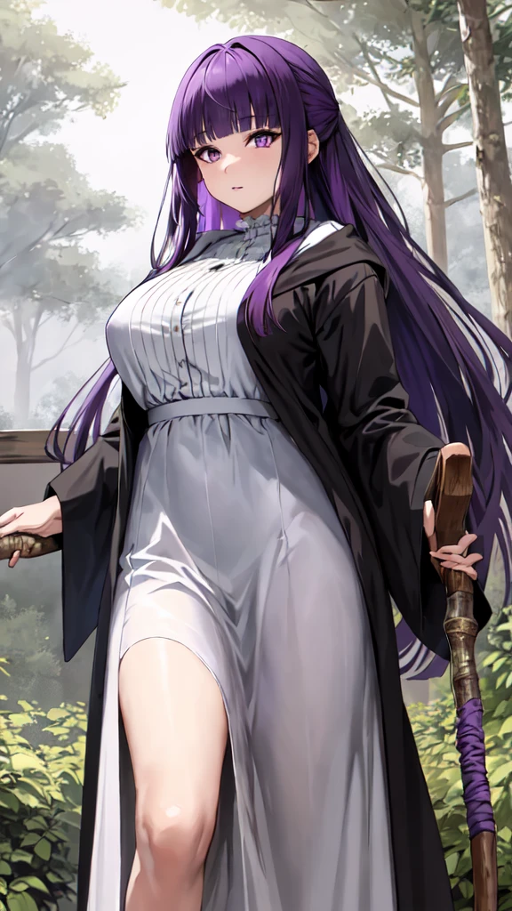 masterpiece, Highest quality, High resolution, Arfern, Long Hair, Purple Hair, Blunt bangs, Purple eyes, Large Breasts, Long dress, White Dress, Black Robe, Long sleeve, Are standing, holding staff, forest, Cowboy Shot,