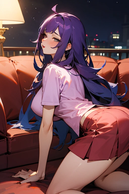 20 year old sexy woman, long purple hair and pink shirt, very big chest, short red skirt wiggling her ass a lot, kneeling on all fours , night time ( much sexier ) on the big sofa that is violet in color