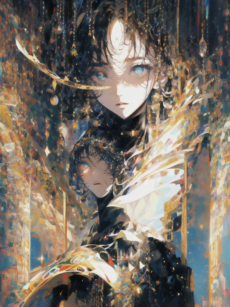 ((masterpiece, highest quality, Super detailed, High resolution)), alone, beautiful girl, shining eyes, perfect eyes, 15 years old, black white gold theme,