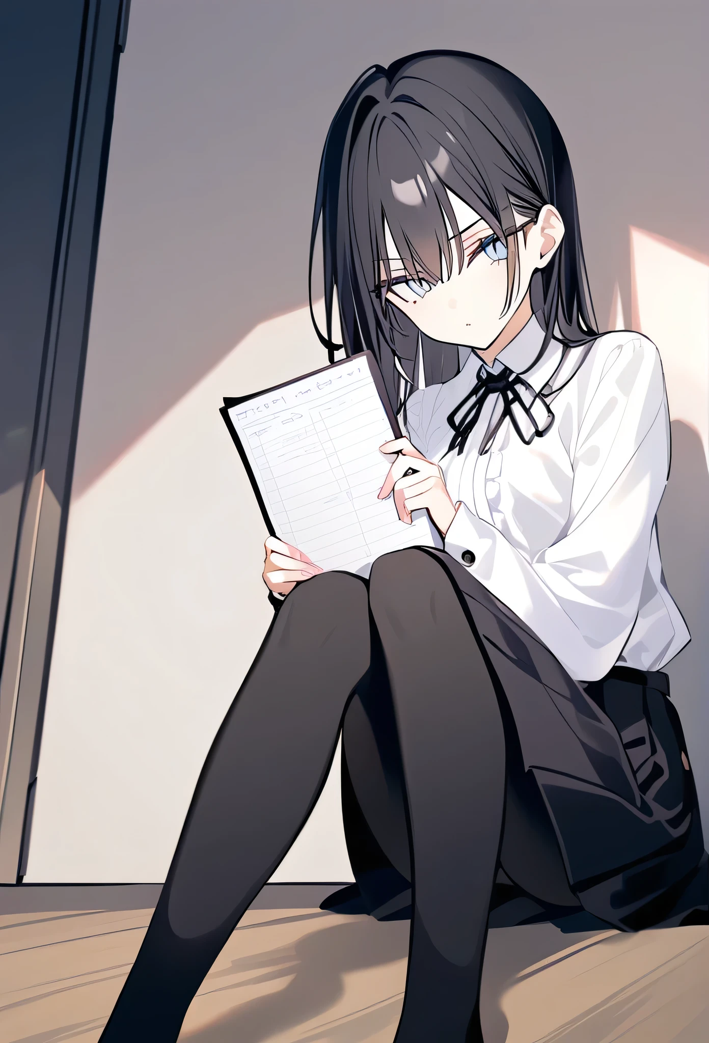 rurudo, 1girl, solo, black hair, dark blue eyes, serious face, good grades student, long black sock, , hold the exam result sheet