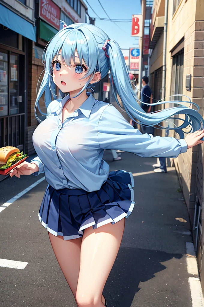 Light blue long hair、Beautiful girl with twin tails、Dream of being chased by bread、A lot of hamburgers are chasing me、The girl is running desperately、