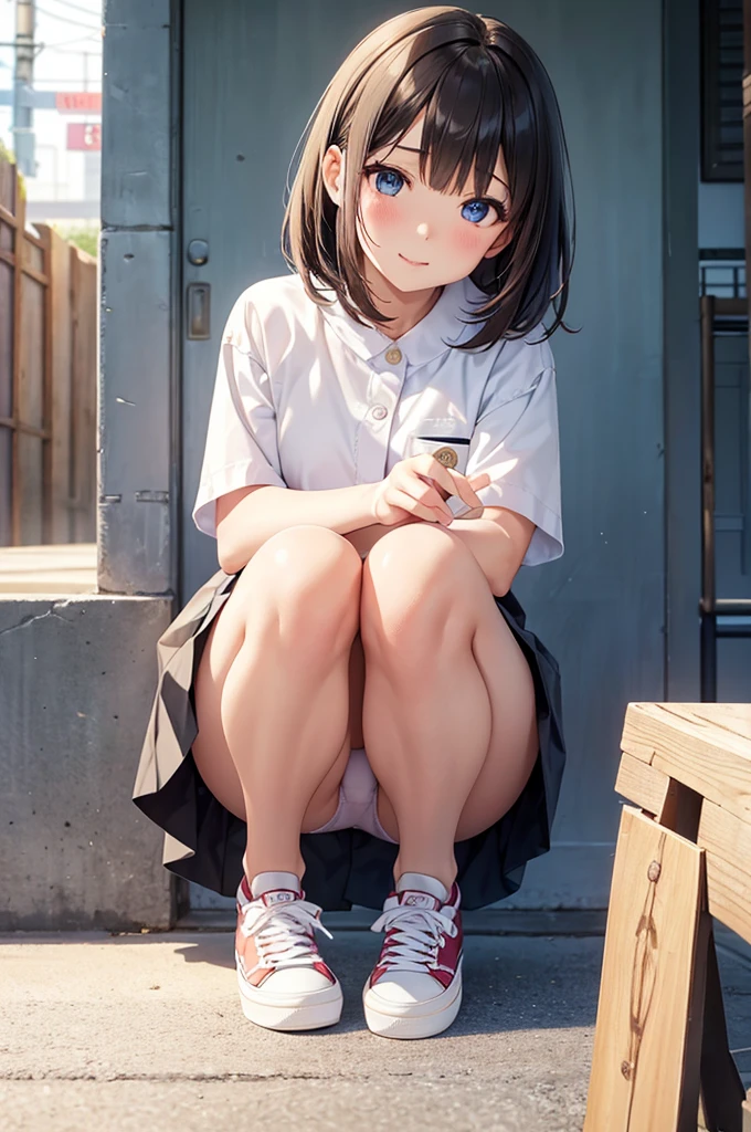 (Browsing Caution:0.99)、beautiful girl, (Roll up your skirt), Looking into the camera, Angle from below, Short skirt, Squat, A shy smile, Japanese , Beautiful Skin, ((Highest quality, 16K, Tabletop: 1.3)), 1 Girl, The light shines on your face, Highly detailed face, Highly detailed lips, Beautiful Eyes、Realistic Skin、Cute design panties、shaving、Various Hair Styles、Different color uniforms、Natural clothes、Vans Sneakers、bite、Detailed panties