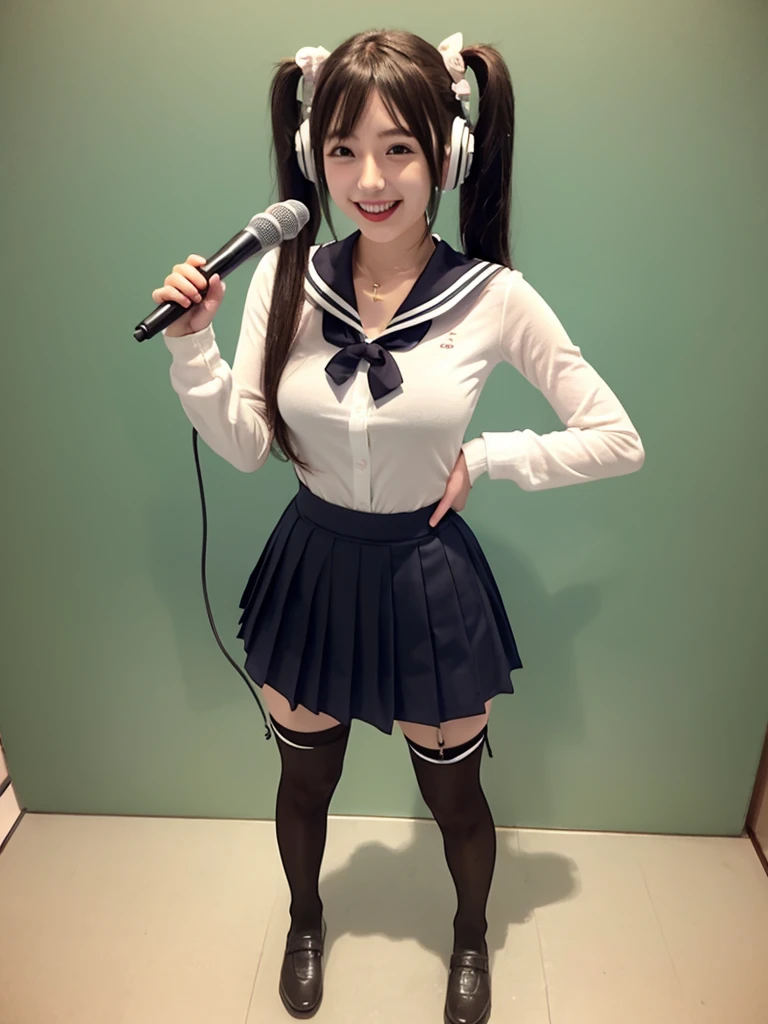 best quality, masterpiece, realistic, photorealistic, 1girl, solo, looking at viewer, smile, standing, full body, arms at side, cosplay, BLACK hair, twintails, hair ornament, very short hair, headphones, alternate costume, , sailor collar, shirt, long sleeves, necktie, skirt, pleated skirt, white thighhighs, loafers, simple background, Japanese women、24-years-old、The background is a pure white room、Singing on a microphone、No bangs、The chest is very small、Short pigtails