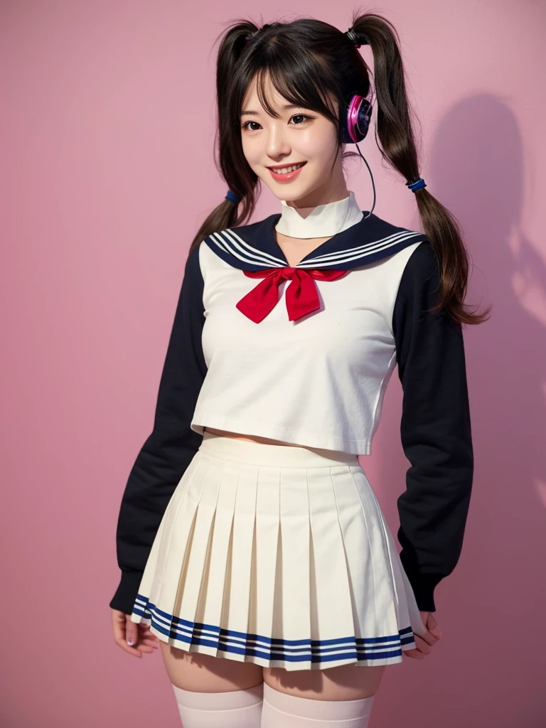 best quality, masterpiece, realistic, photorealistic, 1girl, solo, looking at viewer, smile, standing, full body, arms at side, cosplay, BLACK hair, twintails, hair ornament, very short hair, headphones, alternate costume, , sailor collar, shirt, long sleeves, necktie, skirt, pleated skirt, white thighhighs, loafers, simple background, Japanese women、24-years-old、The background is a pure white room、Singing on a microphone、No bangs、The chest is very small、Short pigtails