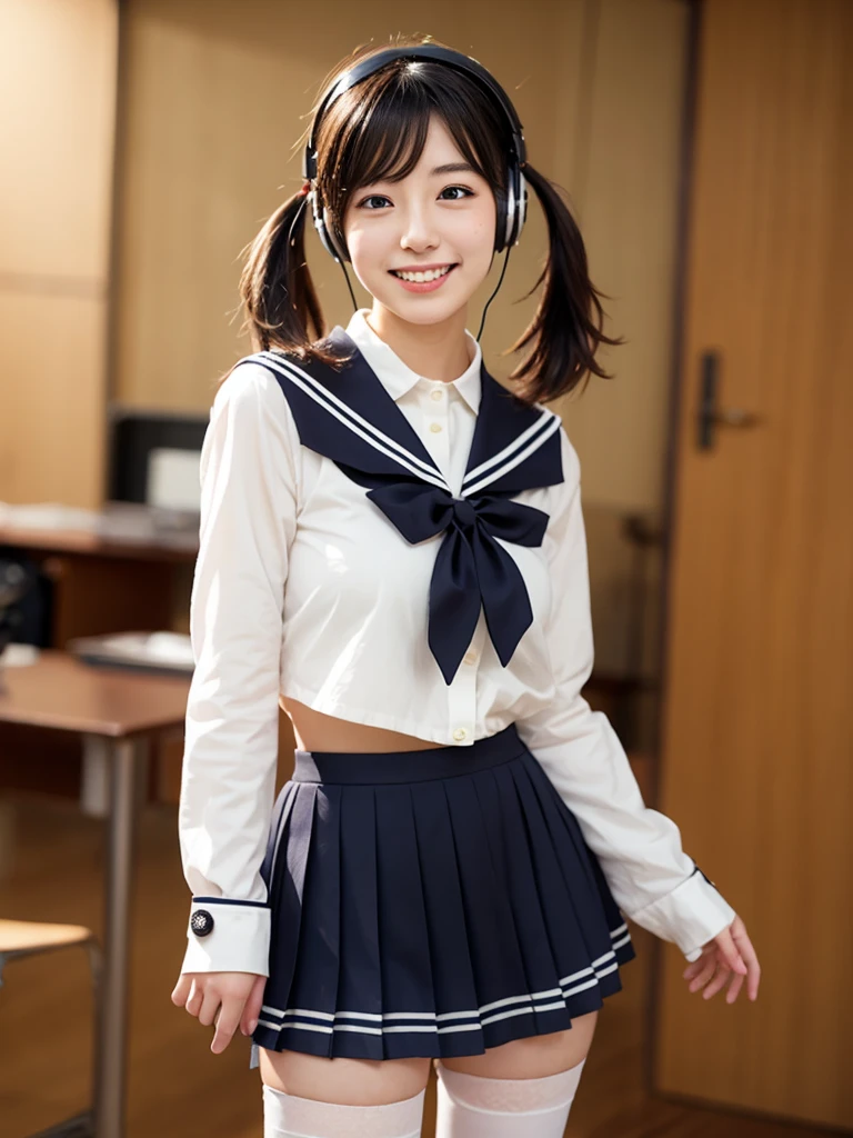 best quality, masterpiece, realistic, photorealistic, 1girl, solo, looking at viewer, smile, standing, full body, arms at side, cosplay, BLACK hair, twintails, hair ornament, very short hair, headphones, alternate costume, , sailor collar, shirt, long sleeves, necktie, skirt, pleated skirt, white thighhighs, loafers, simple background, Japanese women、24-years-old、The background is a pure white room、Singing on a microphone、No bangs、The chest is very small、Short pigtails