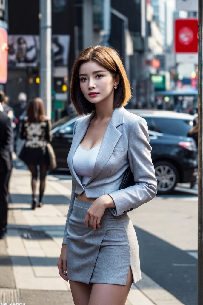 a 20 year old face of the most beautiful actress in the world, the perfect body proportions of a female, tight blazer is worn with formal shirt on female upper body, panties of female crotch between bare legs under short skirt are seen just a little, the female short hair cut is just like male one, standing, at the city street, nsfw, best quality, highly detailed, masterpiece, ultra high res, photo realistic, 8k, caucasian