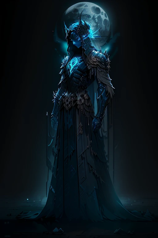 In the gloom of a moon-drenched, desolate wasteland, an otherworldly specter ascends, embodying the spectral Spectral Sovereign, the Gaunt Governingconstant. Wrapped in spectral auras, this ruler of decay dons remnants of past epochs - frayed, spiked, obsidian armor, a melancholic blend of ebony and azure that shimmer and glint under the stark moonlight. The armor exudes an aura of bygone ages and sorrow, adding a haunting allure to the dominion of darkness that this figure presides over. The skeleton's icy gaze, abl