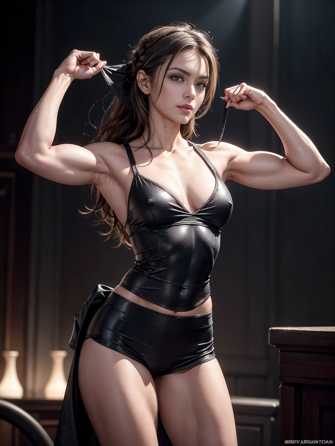 Cute, gorgeous, Caucasian girl, fit, (muscular:1.2), 14, , (flexing biceps:1.5), abs, slender, slim, long flowing brown hair, blue eyes, glamorous, seductive, stunning, flawless, perfect, beautiful, cute, pretty, makeup, flirtatious smile, full body, (dressed as Lara Croft), masterpiece, 8k, highly detailed, sexy, SLR lighting, SLR camera, ultra-quality, sharpness, depth of field, film grain (center), Fujifilm XT3, crystal clear, frame center, beautiful face, sharp focus, detailed skin pores, (tiny waist:1.3), colorful, hyper-detail, dramatic light, intricate detail, photograph by arny freytag, standing, side view, perfect hands, (arms raised), (flexing bicep pose), sexy, small boned, (dainty:1.5), nsfw, lithe, busty, cleavage, (realistic, hyperrealistic:1.4), intricate, high detail