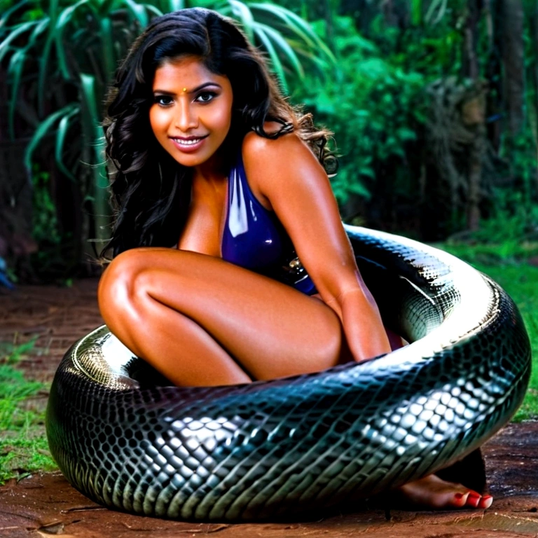 Happy , aroused 1girl), beautiful kneeling indian young teen with giant colossal black titanboa eezing her hard, wrapped in thick spiraling coils, constricted, struggle, gasping for air, snake attack, snake peril, moonless night, dim light