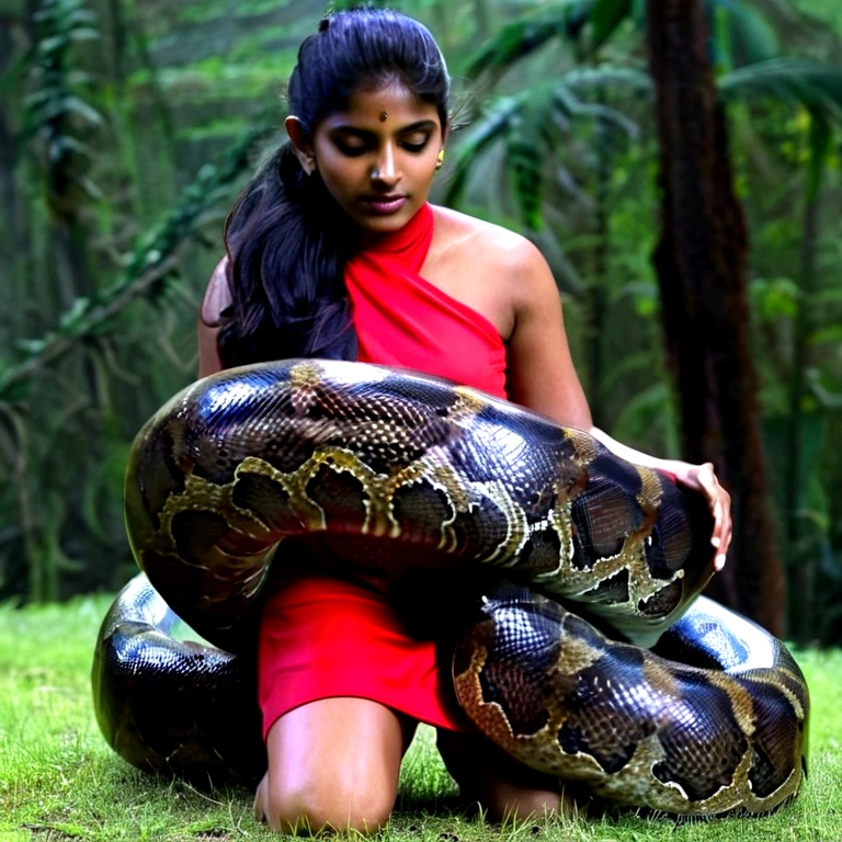  Topless  pink thong wearing aroused horny beautiful happy indian   girl  vs  Giant black anaconda    monster wrapped around her body squeezing her in coiled embrace cuddling and kissing  sexual erotic bestiality  sex  realistic in the rainforest full body, best quality wet 