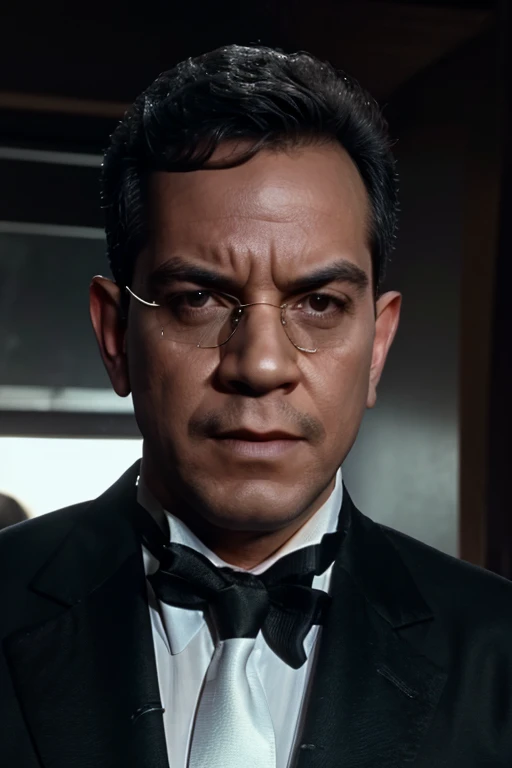 (Best Quality:1.3), Filming of movies, Masterpiece, (sharp focus:1.5), (natural:1.3), Medium portrait (A young man wearing a black tuxedo with a tie and sunglasses., Give the scene a dark atmosphere.，But the shape has a stark contrast between light and dark.), evening, (highly refined leather), (detailed face), detailed background, Dark light, twilight lighting, volumetric lighting, intricate details, ultra high definition, 